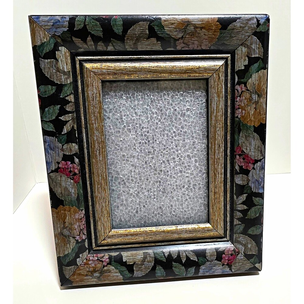 Floral Photo Frame, Black Gold Multicolor, Freestanding Easel Back